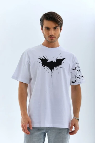 Unisex Ön Ve Kol Baskılı Oversize T-shirt - Beyaz ürün görseli 1