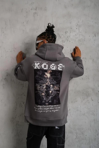 Erkek Baskılı Kapüşonlu Sweat - Gri - Resim 5
