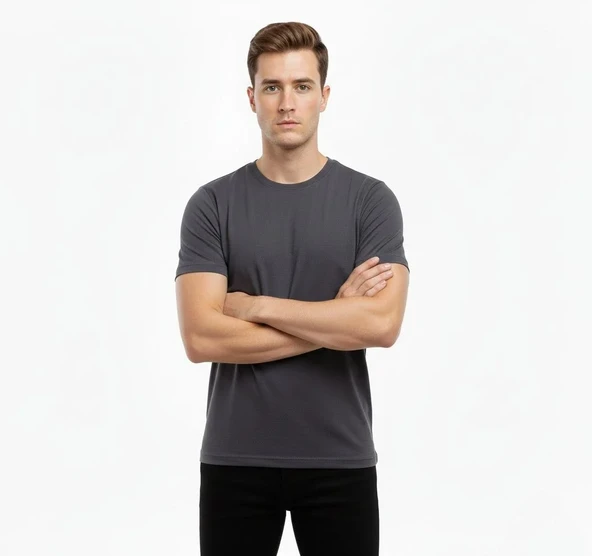 Erkek T-shirt Bisiklet Yaka Slim Fit Dar Kesim Likralı Tişört Günlük Basic Body - Füme ürün görseli 1