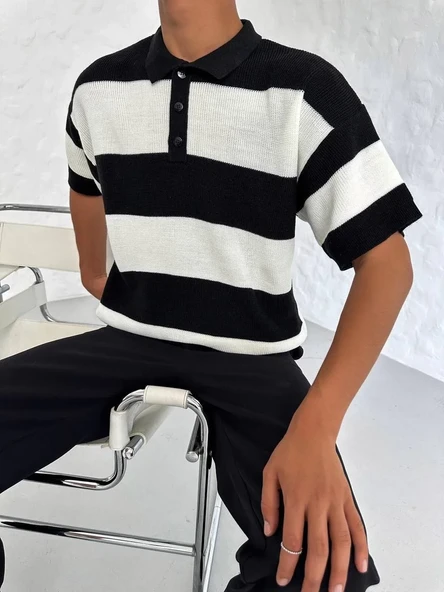 Erkek Yakalı Düğmeli Triko T-shirt - Siyah ürün görseli 1