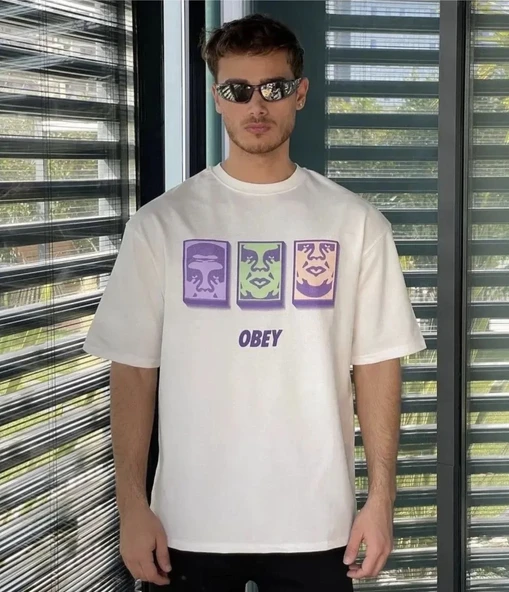 Unisex Bisiklet Yaka Baskılı Oversize T-shirt - Beyaz ürün görseli 1