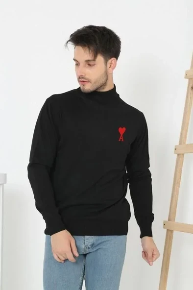Unisex Yarım Boğazlı Baskılı Dokuma Triko - Siyah ürün görseli 1