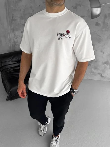 Unisex Bisiklet Yaka Baskılı Oversize T-shirt - Beyaz ürün görseli 1