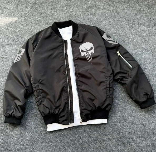 Siyah Askeri Tarz Bomber Mont – Unisex, Punisher Skull Detaylı, Fermuarlı, Cepli, Uzun Kollu, Bahar Ve Kış Günlük Moda İçin Uygun - Siyah ürün görseli 1