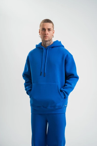 Unisex Double Oversize Kapşonlu Basic Sweatshirt - Mavi - Resim 4