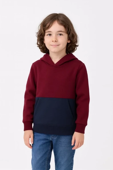 Erkek Çocuk Kapüşonlu Kanguru Cepli Parçalı Sweatshirt - Renkli ürün görseli 1