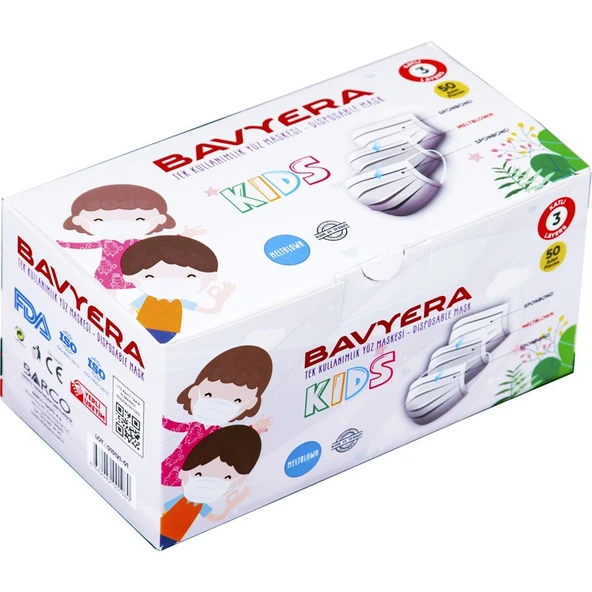 Bavyera Çocuk Beyaz Cerrahi ( Meltblown ) Maske 3 Katlı (Yuvarlak) Lastikli 50'li Paket ürün görseli 1