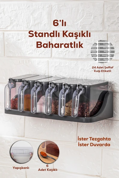 Porsima 1182 6 Lı Standlı Kendinden Yapışkanlı Kapaklı Kaşıklı Baharatlık Takımı -etiketli Baharatlık ürün görseli 1