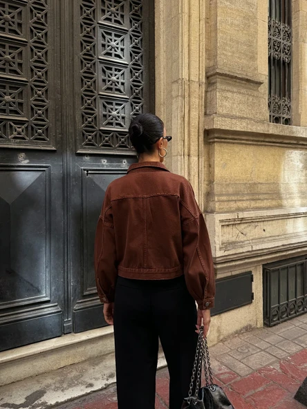 Çift Cepli Denim Crop Ceket - Resim 5