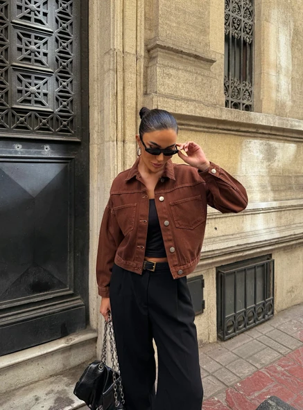 Çift Cepli Denim Crop Ceket - Resim 2