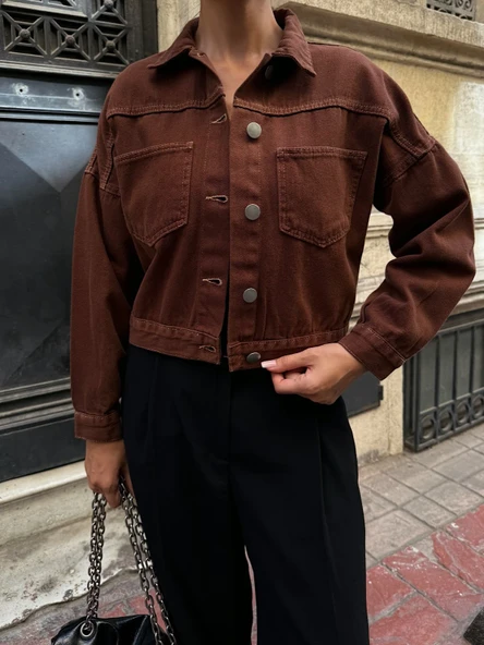 Çift Cepli Denim Crop Ceket - Resim 4