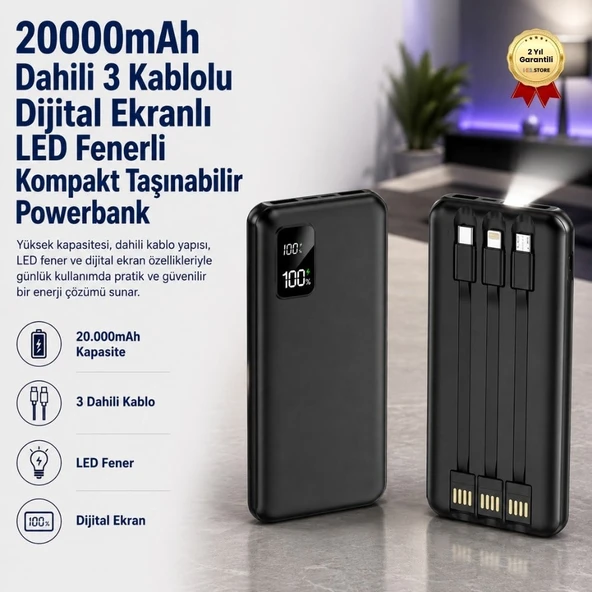 20000mAh Dahili 3 Kablolu Dijital Ekranlı LED Fenerli Kompakt Taşınabilir Powerbank Kamp Seyahat Şarj Cihazı ürün görseli 1