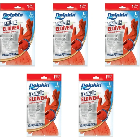 Dolphin Lateks Bulaşık Temizlik Eldiveni - Kırmızı - Large ( Büyük ) - 9-9,5 - 5 Paket ürün görseli 1