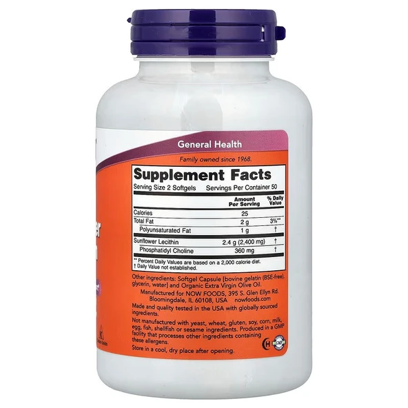 NOW Foods Sunflower Lecithin 1200 mg 100 Softgel ürün görseli 1
