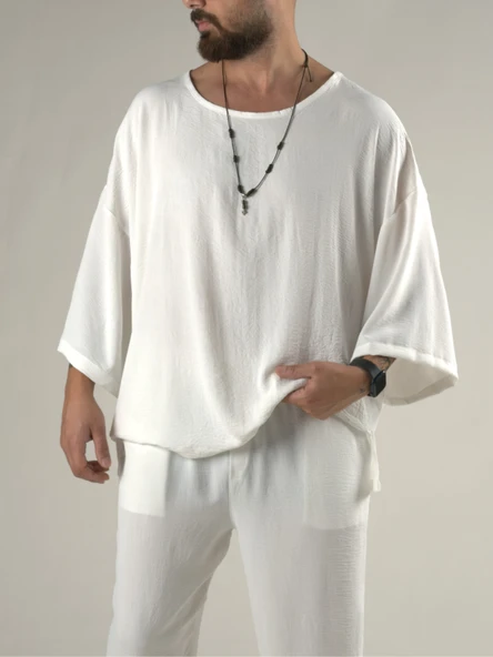 Oversize Ekru Keten Takım COC3205 - Resim 5