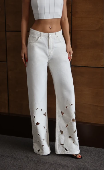 8272 LACARİNO WIDE LEG NAKIŞLI PANTOLON ürün görseli 1