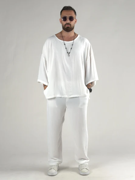 Oversize Ekru Keten Takım COC3205 ürün görseli 1