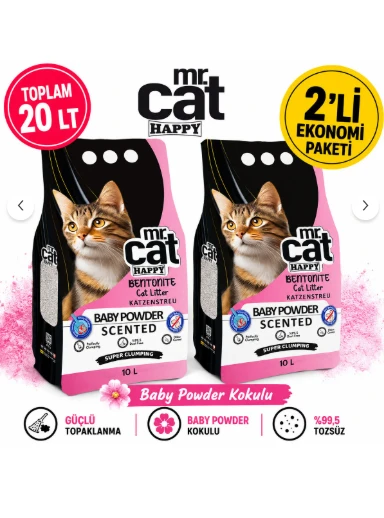 MR.CAT HAPPY Baby Powder Kokulu Bentonit Kedi Kumu 10 LT x 2 Adet Toplam 20 LT Güçlü Topaklanan %99,5 Tozsuz ürün görseli 1