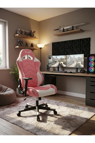 GAMERX G/D X Serisi Pembe/Beyaz Deri Oyuncu Koltuğu ürün görseli 1