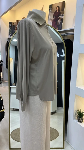 invee Modal Penye Kısa Gömlek 7253 TAŞ - Resim 4
