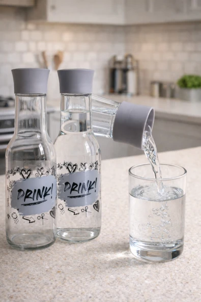 abenim Karaf Model Drink desenli Gri Kapaklı Cam Su Şişesi 1000 Cc (1 adet) ürün görseli 1