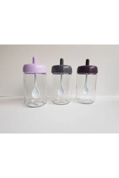 abenim 3 Adet Kendinden Kaşıklı Baharatlık Seti - 330 ml - Cam Kavanoz (LİLA-GRİ-MOR) ürün görseli 1