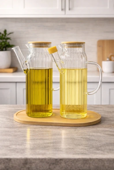 abenim Bambu Standlı 2’li 1000 ml Yağdanlık Yağlık Sirkelik Set Herbiri 1000 ml ürün görseli 1
