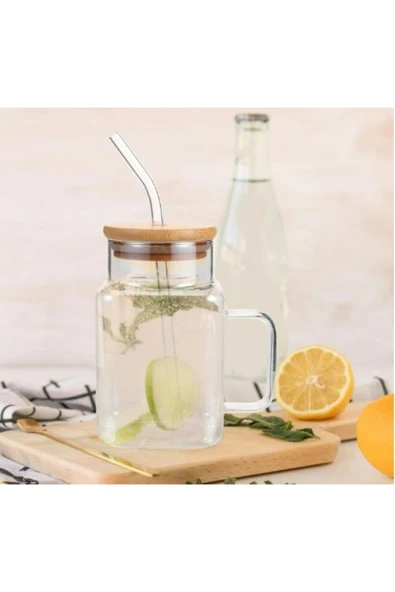 abenim Bambu Kapaklı Cam Pipetli Borosilikat Kupa Kulplu Bardak 650 ML ürün görseli 1