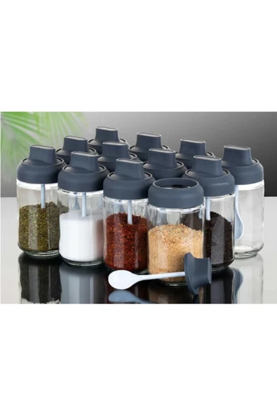 abenim 12 Adet Mat Kapaklı Kendinden Kaşıklı Baharatlık Seti - 330 ml - Cam Kavanoz ürün görseli 1