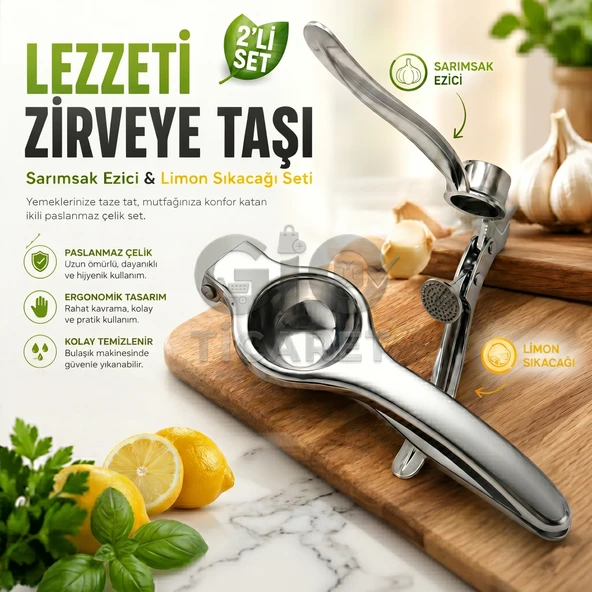 Paslanmaz Çelik Kaplama Limon Sıkacağı ve Sarımsak Ezici Pres 2'li Mutfak Seti ürün görseli 1