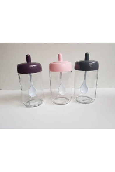 abenim 3 Adet Kendinden Kaşıklı Baharatlık Seti - 330 ml - Cam Kavanoz (Pembe-Gri-Mor) ürün görseli 1