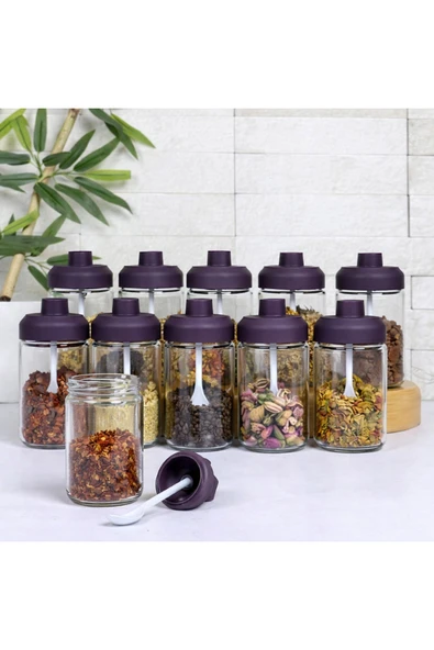 abenim 12 Adet Renkli Mat Kapaklı Kendinden Kaşıklı Baharatlık Seti - 330 ml - Cam Kavanoz ürün görseli 1