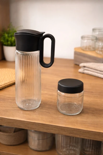 abenim Siyah Renk 1500 ml Cam Gravürlü Sürahi ve Kavanoz İkili ürün görseli 1