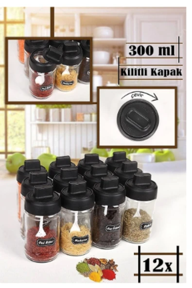 abenim 12 Adet Mat Kapaklı Kendinden Kaşıklı Baharatlık Seti - 330 ml - Cam Kavanoz ürün görseli 1