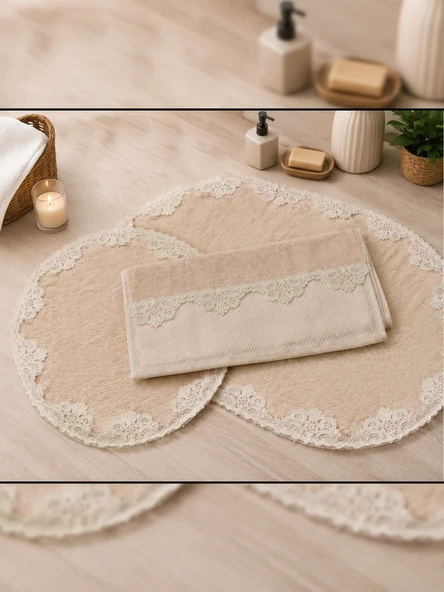 Çeyizlik Güpürlü Dantelli Banyo Paspas Takımı Kaymaz Taban 2'li Bej 60x100 50x60 cm ürün görseli 1