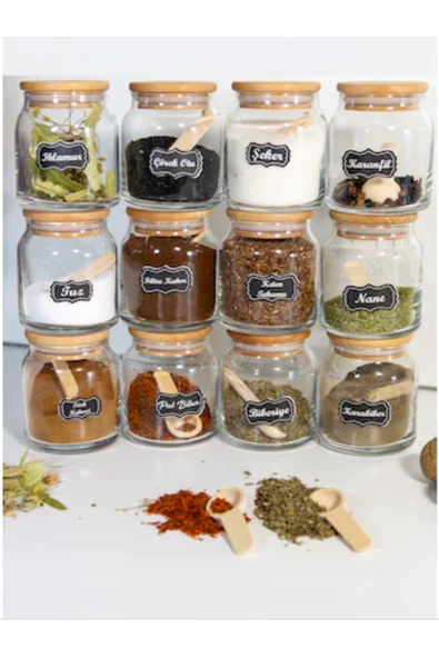 abenim Kaşıklı Etiketli Vakum Kapaklı 300 Ml 6 Adet Kavanoz Ve 6 Adet Mini Baharat Kaşığı 12 Parça ürün görseli 1