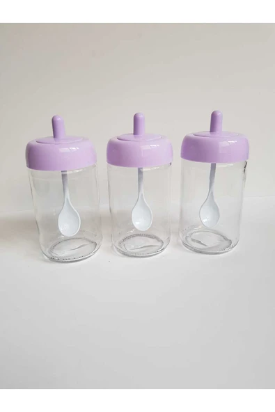 abenim 3 Adet Lila Kendinden Kaşıklı Baharatlık Seti - 330 ml - Cam Kavanoz ürün görseli 1