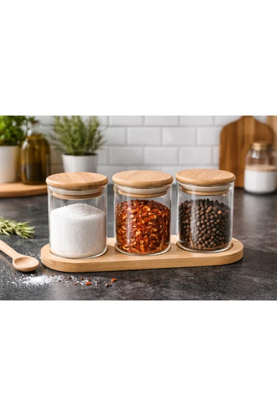 abenim Bambu Standlı 3’lü Mini Baharatlık Seti – Vakum Kapaklı | Kavanoz 7x6 cm | Stand 22X7 cm ürün görseli 1