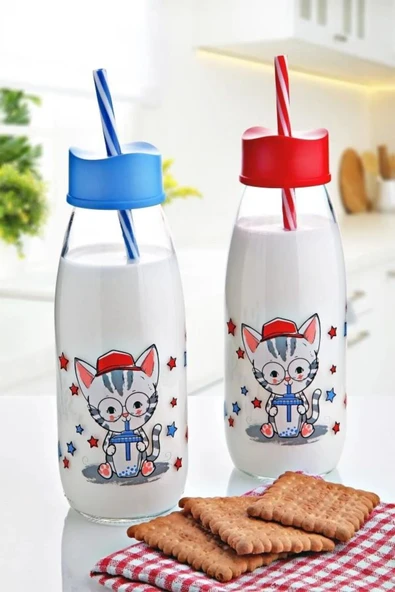 abenim Çocuklar Için Isıya Dayanıklı Hayvan Figürlü Pipetli Su Süt Meyve Suyu Şişesi Cam 250 ml ürün görseli 1