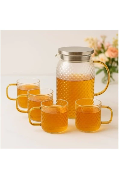 abenim Borosilikat Metal Kapaklı Cam Gold Saplı Buzlu 5 Parça Sürahi Takımı Royal 1800 Ml ürün görseli 1
