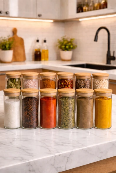 abenim 12 adet 250 ml Bambu kapaklı Borosilikat Baharatlık Takımı ürün görseli 1