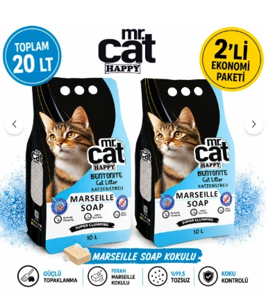 MR.CAT HAPPY Marseille Soap Kokulu Bentonit Kedi Kumu 10 LT x 2 Adet Toplam 20 LT Güçlü Topaklanan %99,5 Tozsuz ürün görseli 1