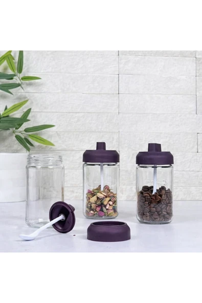 abenim 3 Adet Renkli Kendinden Kaşıklı Baharatlık Seti - 330 ml - Cam Kavanoz ürün görseli 1