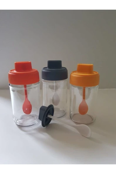 abenim 3  Adet Renkli Mat Kapaklı Kendinden Kaşıklı Baharatlık Seti - 330 ml - Cam Kavanoz ürün görseli 1