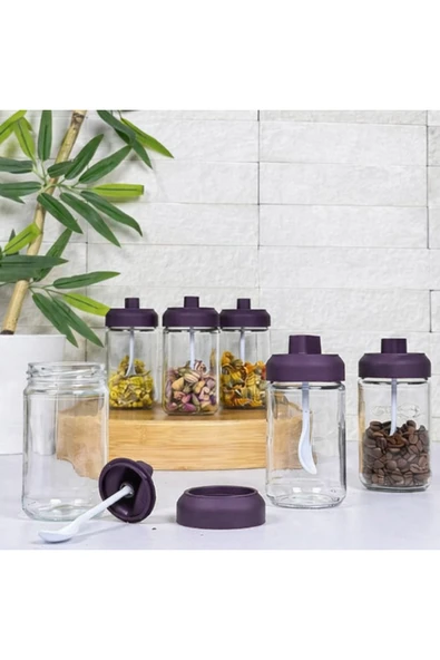 abenim 6 Adet Mor Renkli Mat Kapaklı Kendinden Kaşıklı Baharatlık Seti - 330 ml - Cam Kavanoz ürün görseli 1