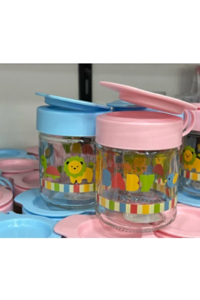 abenim Bebek Temalı Cam Mama Saklama Kavanozu (Mavi & Pembe Kapaklı) 2 Li ürün görseli 1