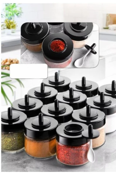 abenim 12 Adet Siyah Kapaklı Kendinden Kaşıklı Baharatlık Seti - 290 ml - Cam Kavanoz ürün görseli 1
