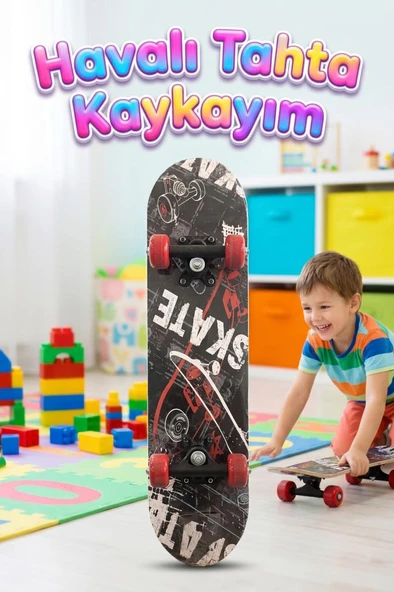 Skate Desenli Rulmanlı 4 Tekerlekli Başlangıç Kaykayı Konforlu Eğlenceli Ahşap Çocuk Skateboard ürün görseli 1