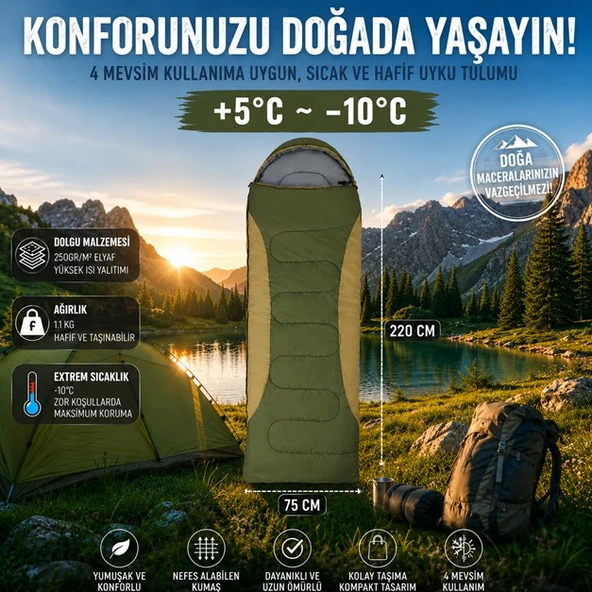 4 Mevsim Uyku Tulumu +5°C -10°C Kamp Uyku Tulumu Nefes Alabilen Kumaş YEŞİL ürün görseli 1