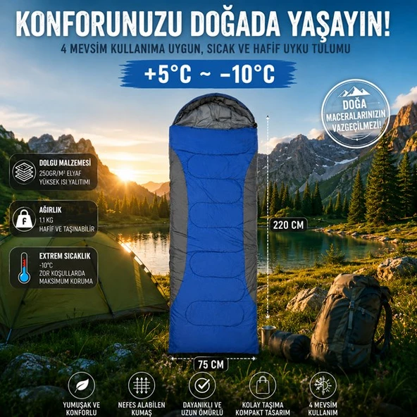 4 Mevsim Uyku Tulumu +5°C -10°C Kamp Uyku Tulumu Nefes Alabilen Kumaş MAVİ ürün görseli 1
